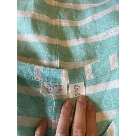 Sigrid Olsen 100% Linen Shift Dress Teal White Stripe Pockets Sleeveless Medium - Picture 6 of 10